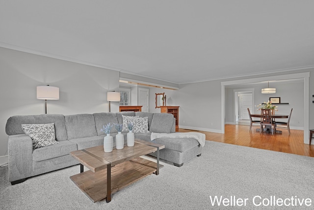 living room with crown molding, baseboards, and wood finished floors