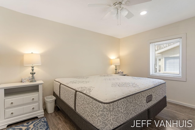 bedroom featuring recessed lighting, baseboards, ceiling fan, and wood finished floors