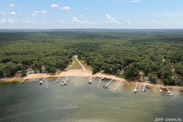 aerial view with a water view and a forest view