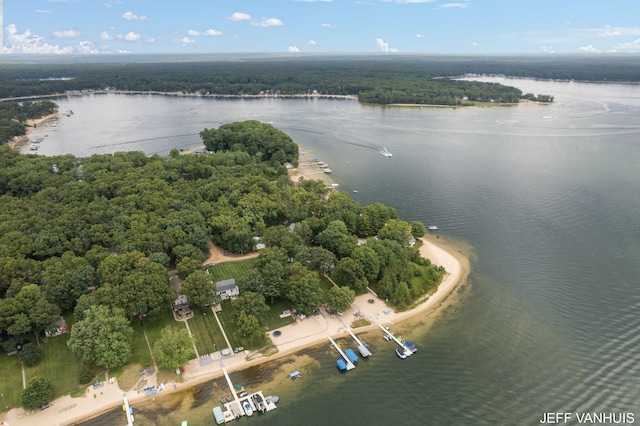 aerial view with a water view and a wooded view