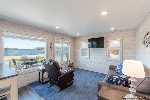 living area featuring wooden walls and recessed lighting