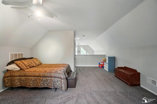 3325 Saint Anthony Rd, Temperance, MI 48182 - bedroom featuring carpet, vaulted ceiling, ceiling fan, and baseboards