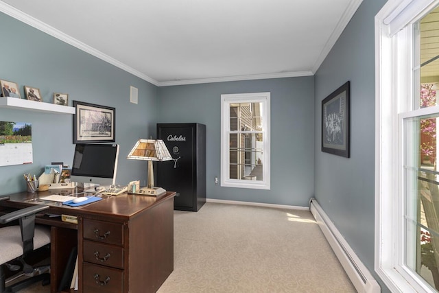 office featuring crown molding, carpet flooring, baseboards, a wealth of natural light, and a baseboard heating unit
