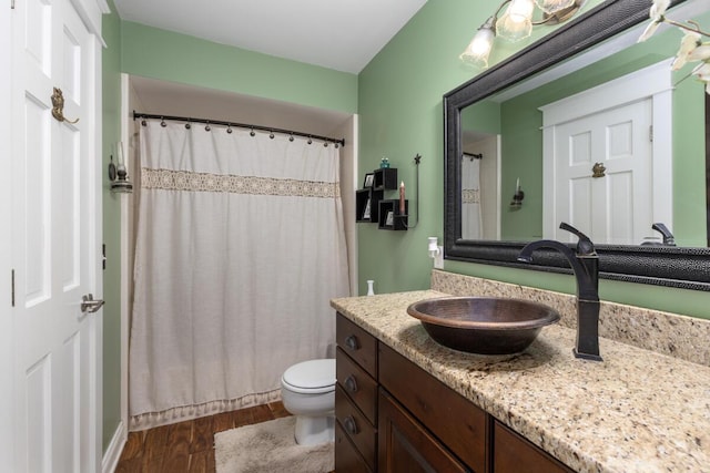 bathroom with vanity, wood finished floors, toilet, and a shower with curtain
