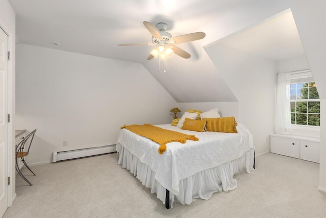 bedroom featuring a ceiling fan, lofted ceiling, carpet, and a baseboard radiator