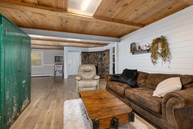 living room featuring wood finished floors, beamed ceiling, baseboard heating, wooden walls, and wooden ceiling