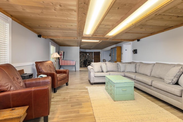 living area with wooden ceiling and light wood-type flooring