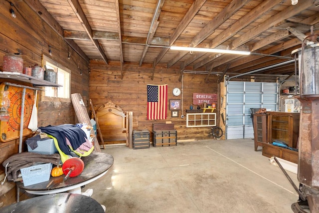 garage with wood walls