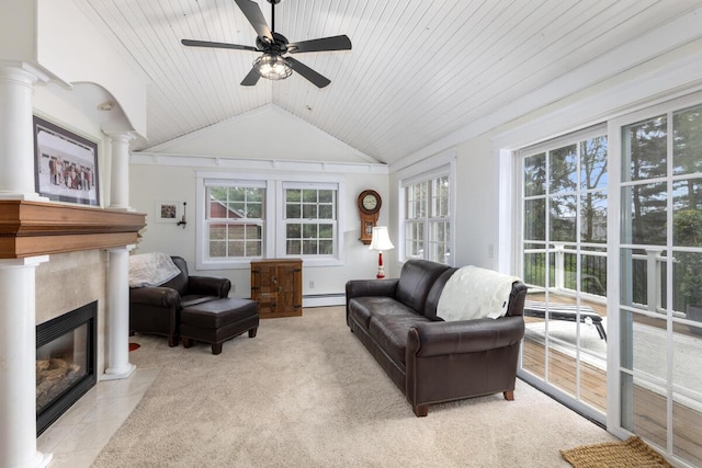 living area with a fireplace, a ceiling fan, wooden ceiling, lofted ceiling, and a baseboard radiator