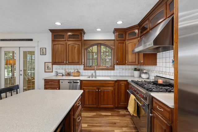 kitchen with exhaust hood, french doors, a sink, light countertops, and premium appliances