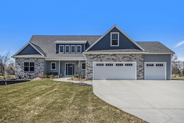 46140 Finch St, Mattawan, MI 49071 - craftsman-style house featuring an attached garage, a front lawn, stone siding, board and batten siding, and concrete driveway