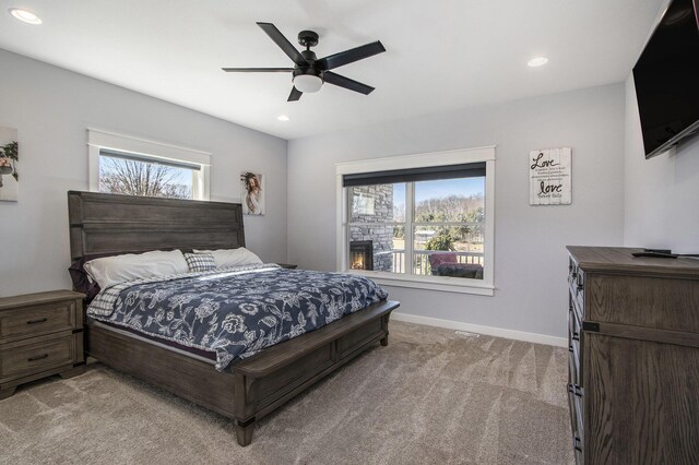 46140 Finch St, Mattawan, MI 49071 - bedroom with recessed lighting, baseboards, light colored carpet, and a ceiling fan