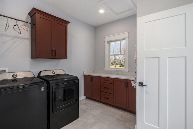 46140 Finch St, Mattawan, MI 49071 - clothes washing area featuring washing machine and clothes dryer, recessed lighting, attic access, and cabinet space