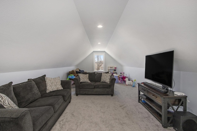 46140 Finch St, Mattawan, MI 49071 - living area featuring vaulted ceiling, recessed lighting, and light colored carpet