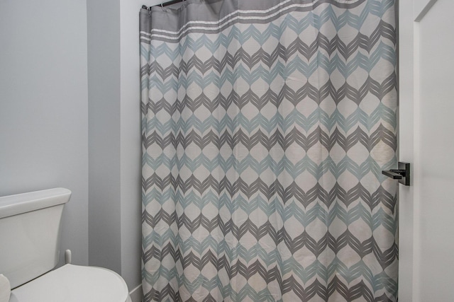 46140 Finch St, Mattawan, MI 49071 - full bathroom featuring toilet, a shower with shower curtain, and a decorative wall