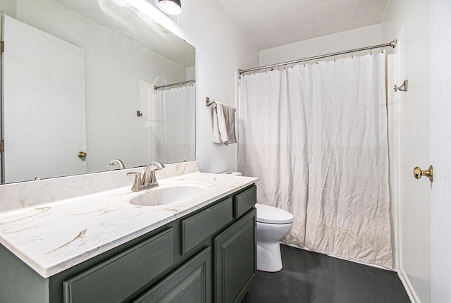 bathroom with vanity, a textured ceiling, toilet, and a shower with curtain