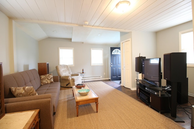 living room featuring baseboards, wood ceiling, and dark wood finished floors