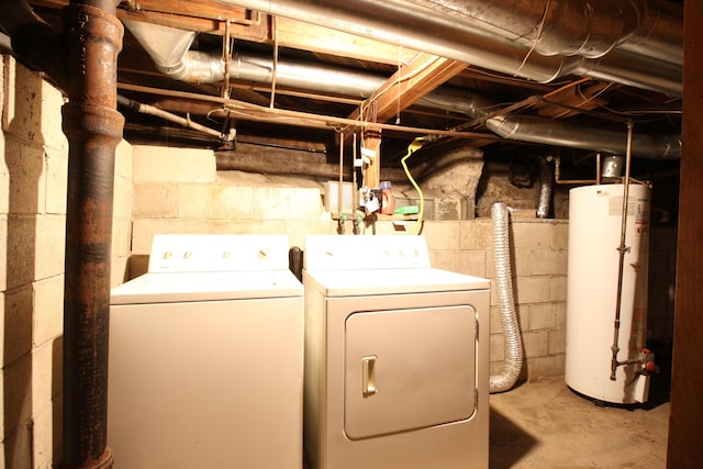 clothes washing area featuring water heater, laundry area, and washing machine and clothes dryer