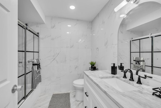 37451 Carpathia Blvd, Sterling Heights, MI 48310 - bathroom featuring tile walls, vanity, toilet, marble finish floor, and recessed lighting