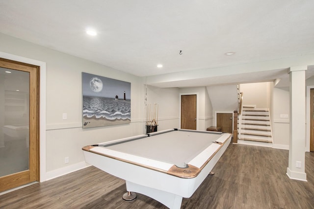 game room featuring recessed lighting, baseboards, dark wood-style floors, and pool table