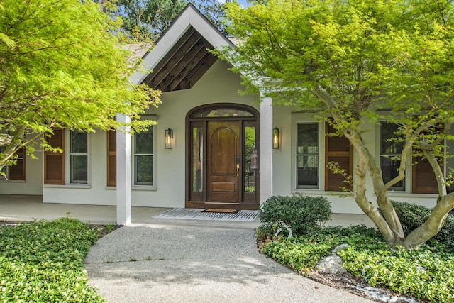 doorway to property featuring covered porch and stucco siding