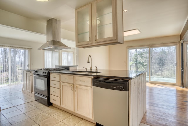 kitchen with a healthy amount of sunlight, island range hood, a sink, dishwasher, and black gas range oven