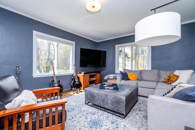 living area with crown molding, a healthy amount of sunlight, and wood finished floors