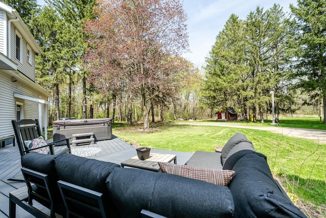 view of patio with a hot tub and a wooden deck