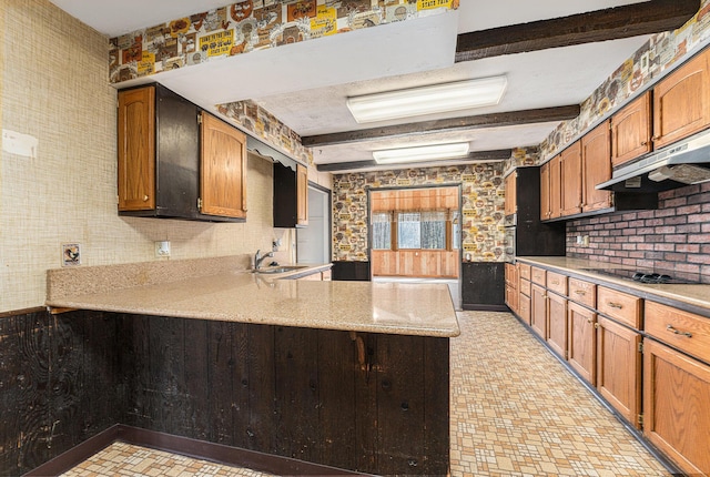 10145 W Kl Ave, Kalamazoo, MI 49009 - kitchen featuring a peninsula, beam ceiling, black electric stovetop, under cabinet range hood, and a sink