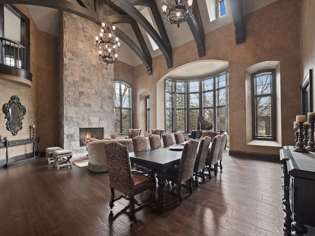 26565 Scenic, Franklin, MI 48025 - dining area with an inviting chandelier, beamed ceiling, high vaulted ceiling, and hardwood / wood-style flooring