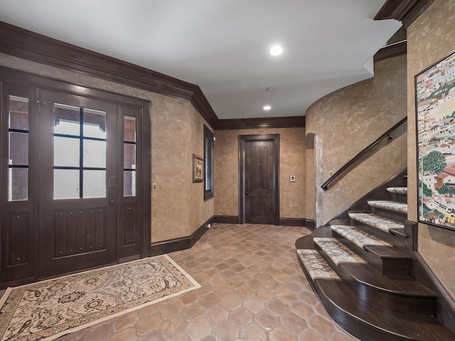 26565 Scenic, Franklin, MI 48025 - foyer entrance featuring stone finish flooring, stairs, baseboards, ornamental molding, and recessed lighting