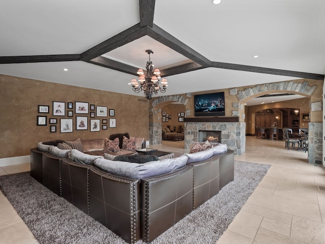 26565 Scenic, Franklin, MI 48025 - living area with arched walkways, beamed ceiling, a notable chandelier, and recessed lighting