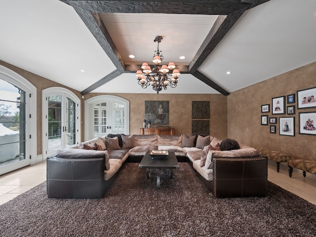 26565 Scenic, Franklin, MI 48025 - living room with light tile patterned floors, arched walkways, vaulted ceiling with beams, and a notable chandelier