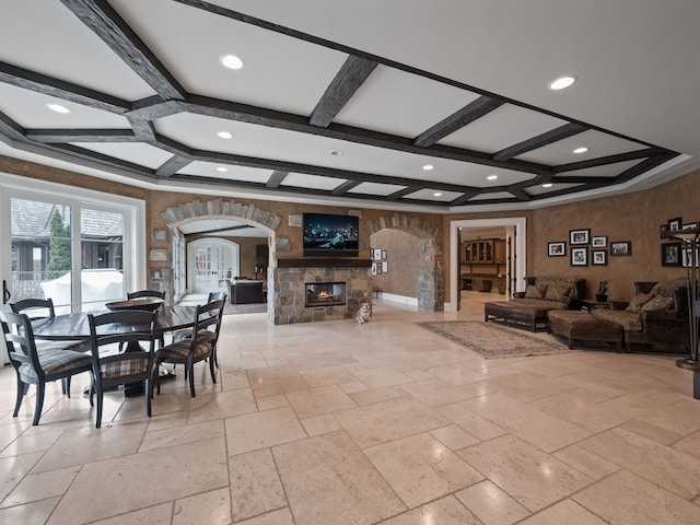 26565 Scenic, Franklin, MI 48025 - dining area featuring recessed lighting, arched walkways, coffered ceiling, and stone tile floors