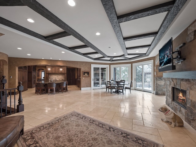 26565 Scenic, Franklin, MI 48025 - living area with stone tile flooring, beam ceiling, a stone fireplace, recessed lighting, and coffered ceiling