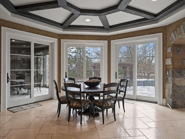 26565 Scenic, Franklin, MI 48025 - dining area featuring stone tile floors, a healthy amount of sunlight, and coffered ceiling