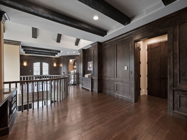 26565 Scenic, Franklin, MI 48025 - empty room with recessed lighting, dark wood finished floors, beam ceiling, and a decorative wall