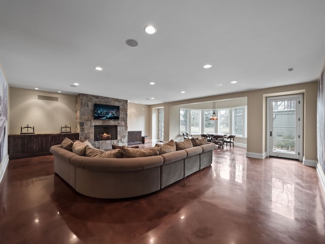 26565 Scenic, Franklin, MI 48025 - living room featuring recessed lighting, baseboards, and a stone fireplace