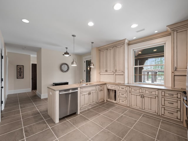 26565 Scenic, Franklin, MI 48025 - kitchen with cream cabinets, a peninsula, tile patterned floors, and dishwasher