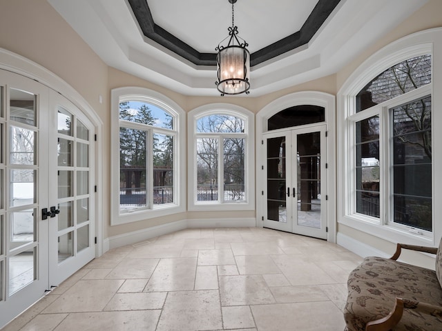 26565 Scenic, Franklin, MI 48025 - unfurnished sunroom featuring french doors and a notable chandelier