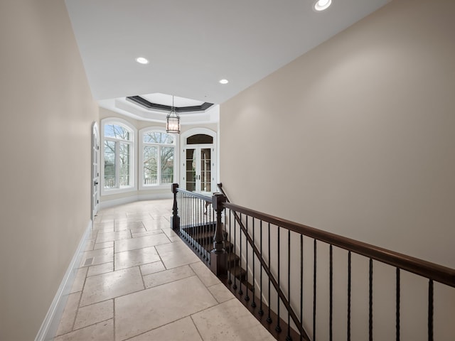 26565 Scenic, Franklin, MI 48025 - corridor featuring a chandelier, recessed lighting, baseboards, an upstairs landing, and a tray ceiling