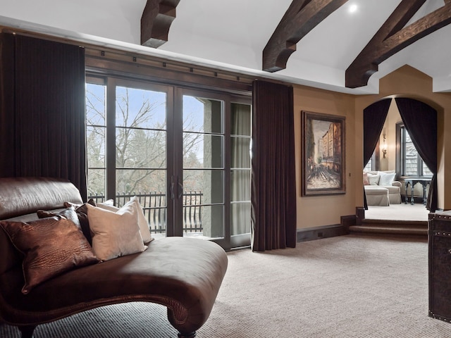 26565 Scenic, Franklin, MI 48025 - sitting room with carpet floors, baseboards, and vaulted ceiling with beams