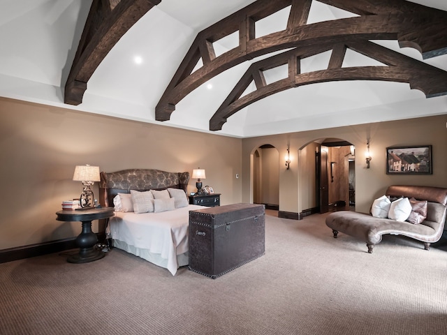 26565 Scenic, Franklin, MI 48025 - bedroom featuring beam ceiling, carpet flooring, baseboards, high vaulted ceiling, and arched walkways