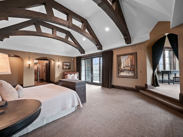 26565 Scenic, Franklin, MI 48025 - carpeted bedroom with arched walkways, baseboards, recessed lighting, and high vaulted ceiling