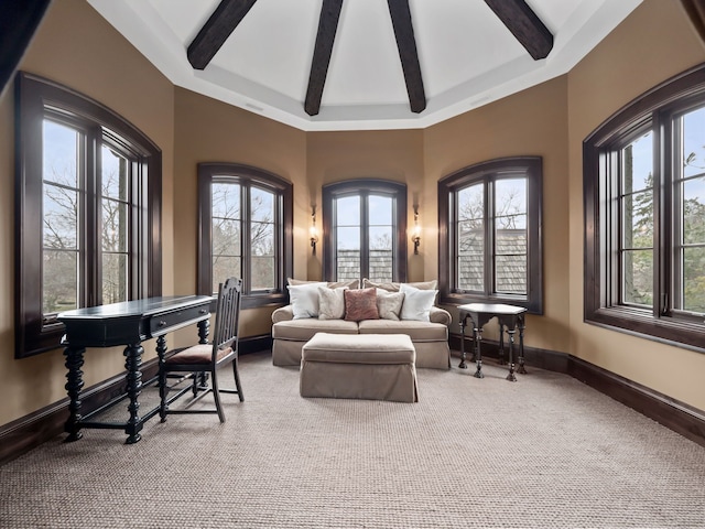 26565 Scenic, Franklin, MI 48025 - carpeted living area with baseboards and vaulted ceiling with beams