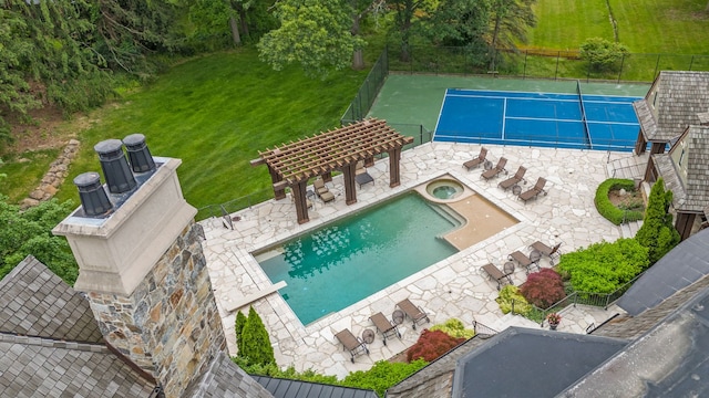 26565 Scenic, Franklin, MI 48025 - view of pool featuring fence, a tennis court, a fenced in pool, a patio area, and a lawn
