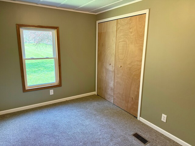 unfurnished bedroom featuring visible vents, carpet, and multiple windows