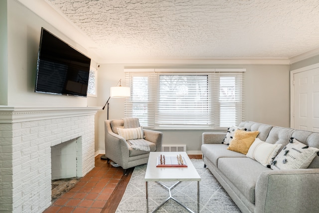 17215 Warrington Dr, Detroit, MI 48221 - living room with a brick fireplace, a textured ceiling, and visible vents