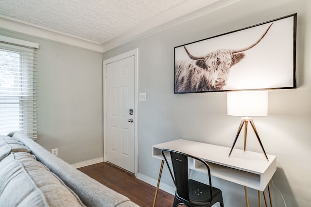 17215 Warrington Dr, Detroit, MI 48221 - office area featuring baseboards, a textured ceiling, crown molding, and wood finished floors
