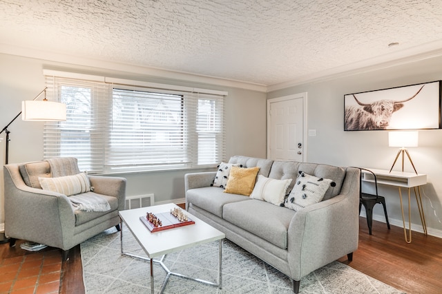 17215 Warrington Dr, Detroit, MI 48221 - living area featuring crown molding, baseboards, a textured ceiling, and wood finished floors